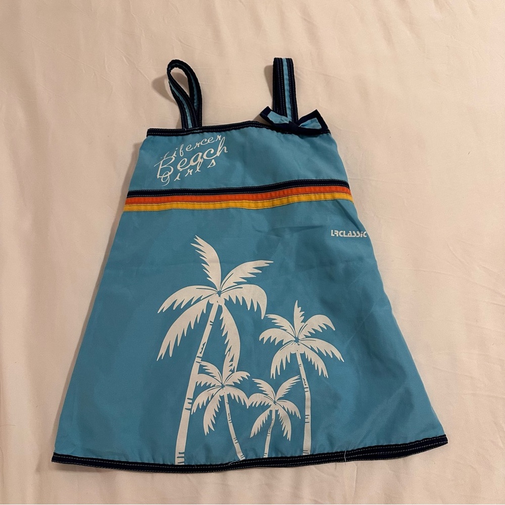 Classic Swimwear Blue Sleeveless Dress with Palm Tree Design